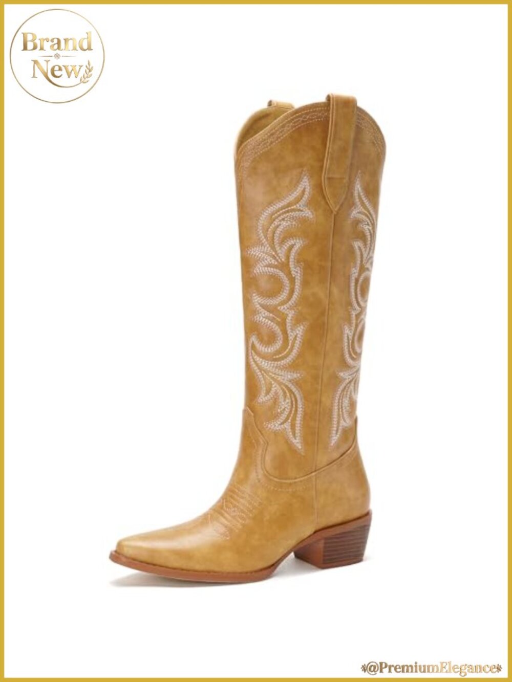 Cowboy Boots Knee High Embroidery Chunky Heel Pull On PU Leather Cowgirl Boots